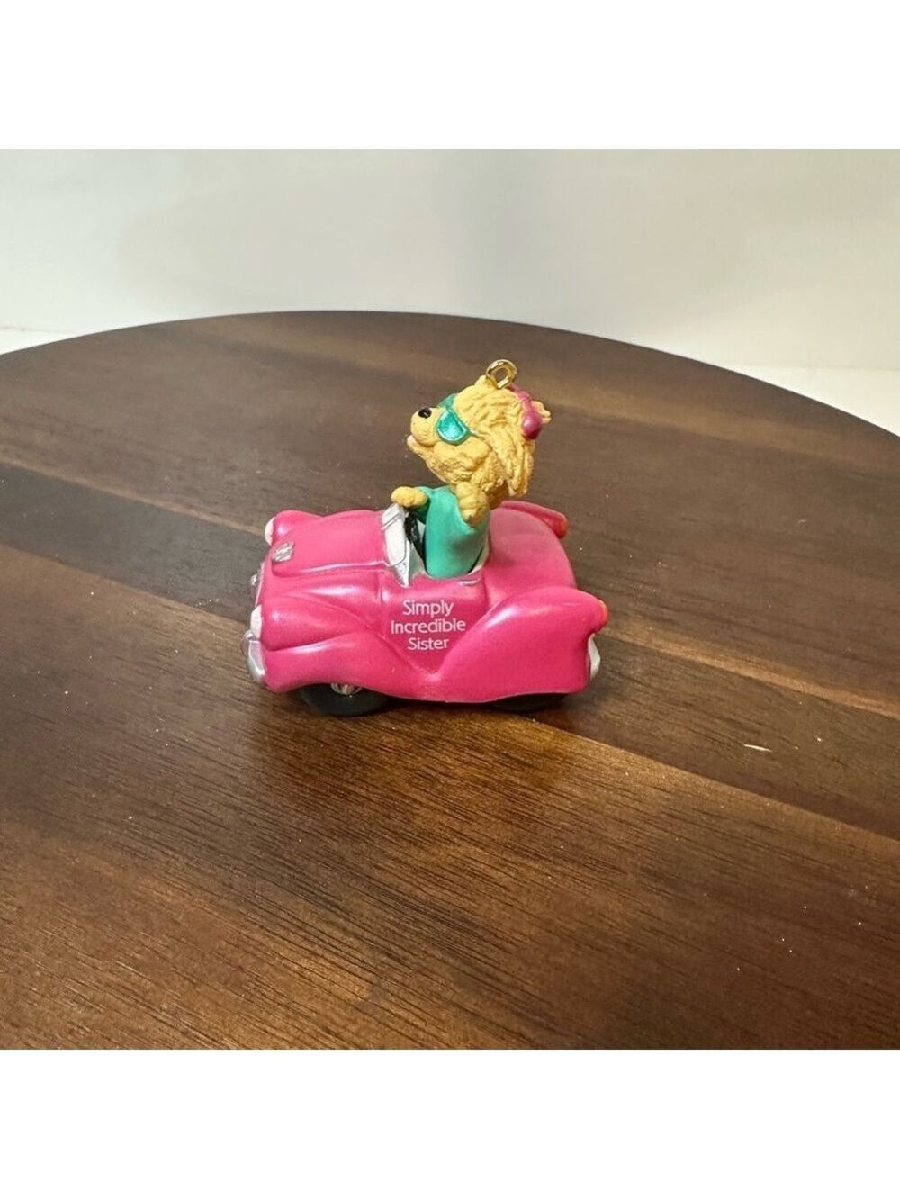 Vintage “Simply Incredible Sister” Bear Ornament – Pink Car Convertible